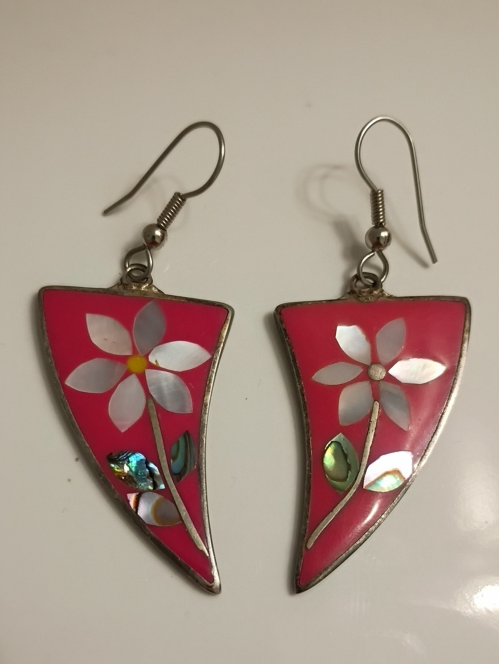 Vintage Enamel Mother Of Pearl Floral Inlay Drop Earrings Alpaca Mexico Signed